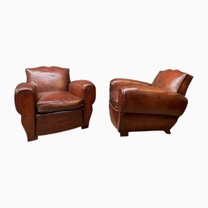 French Leather Model Havana Moustache Club Chairs with Cuban Cigar Arms, 1930s, Set of 2