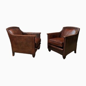 French Leather Normandy De Luxe Models Club Chairs, 1910s, Set of 2