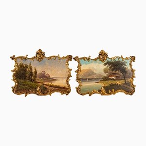 Art Nouveau Mountain Landscapes, Terracotta & Paint, Framed, Set of 2