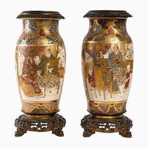 Meiji 19th Century Satsuma Ceramic Vases Mounted on French Bronze, Set of 2