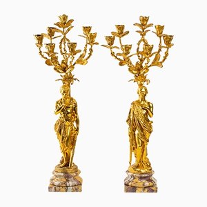 Empire Chiseled and Golden Bronze Candelabra, Set of 2