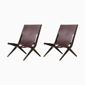 Brown Stained Oak and Brown Leather Saxe Chairs from by Lassen, Set of 2