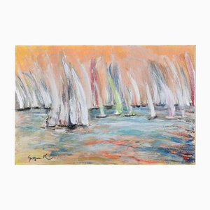Martine Goeyens, Race on Orange Background, Original Painting, 2020s