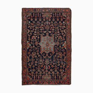 Floral Dark Blue Hamadan Runner Rug with Border and Medallion