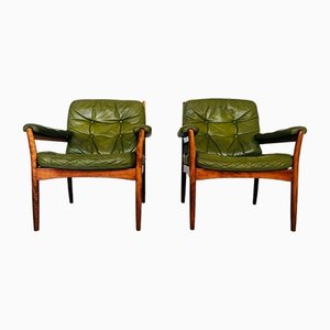 Vintage Mid-Century Swedish Lounge Chairs in Olive Green Leather by Gote Mobler