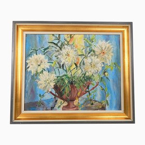 White Chrysanthemums, Oil on Board, Framed