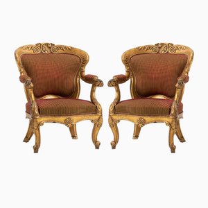 Large Antique Italian Giltwood Armchairs, Set of 2