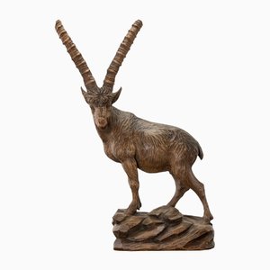 Large Black Forest Carved Ibex, 19th-Century, Carved Wood