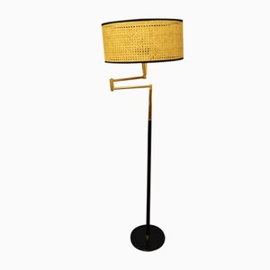 Floor Lamp in Brass and Lacquered Metal with Vienna Straw Lampshade, 1960s