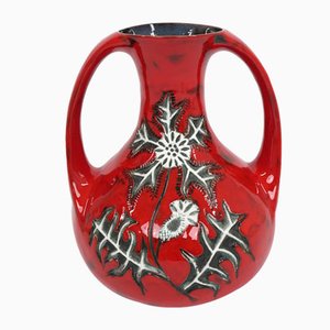 Vaso rosso in ceramica con decorazioni floreali, Germania, anni '60