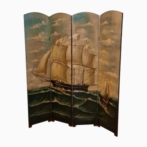 Vintage Four Panel Hand-Painted Room Divider, 1950s