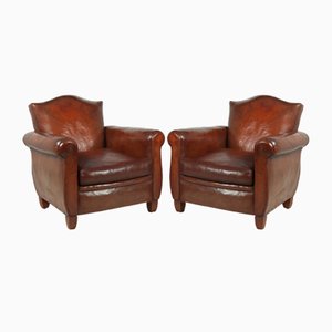 French Club Chairs in Leather, 1940, Set of 2