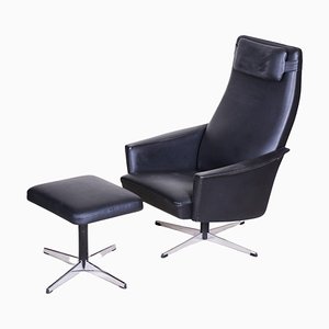 Czechian Bauhaus Swivel Lounge Chair with Foot Stool in Vegan Leather, 1960s, Set of 2