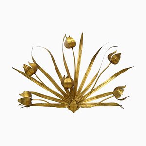 Large Italian Wall Lamp With Leaves & Flowers in Brass, 1960s