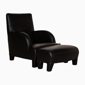Black Oriente Leather Armchair and Pouf by Antonio Citterio for B&b Italia / C&b Italia, Set of 2