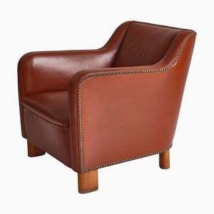 Poltrona moderna in pelle e faggio di Mogens Lassen per Fritz Hansen, Danimarca, anni '40