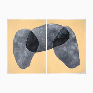 Dolmen Boulders, Abstract Diptych on Gray Tones, Tan Background, Geology Shapes, 2022