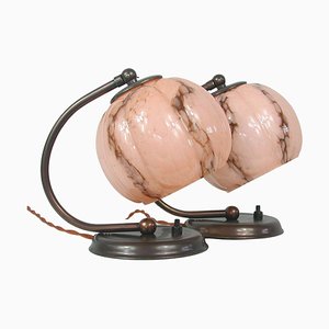 Art Deco German Bronzed Brass Table Lamps with Marbled Opaline Shades, 1930s, Set of 2