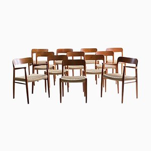 Teak & Paper Cord Model 56 & Model 75 Dining Chairs by Niels Moller for Erco, 1960s, Set of 12