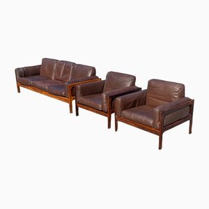 Mid-Century Modern Danish Living Room Set in Rosewood and Leather by Arne Wahl Iversen, 1970s, Set of 3