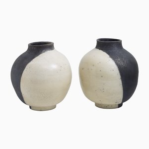 Japanese Modern Minimalist White & Black Raku Ceramic Sculptures, Set of 2