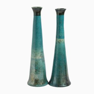 Japanese Modern Black Green Tamu Raku Ceramic Candle Holders by Laab Milano, Set of 2
