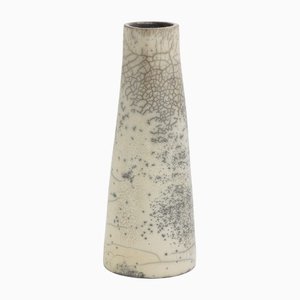 Japanische Moderne Minimalistische Weiße Crackle Raku Keramik Hana Vertical 4 Vase von Laab Milano