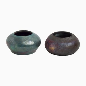 Japanese Modern Green Red Black Metal Raku Ceramic Body Bowls by Laab Milano, Set of 2