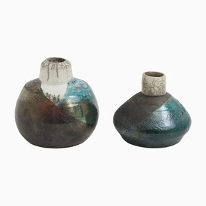 Japanese Raku Black White Blue Crackle Metal Ceramic Modern Akuma No Me Vase by Laab Milano, Set of 2