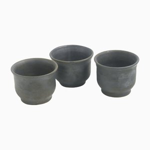 Japanese Minimalistic Black Burnt Raku Ceramics Earth Tea Cups by Laab Milano, Set of 3