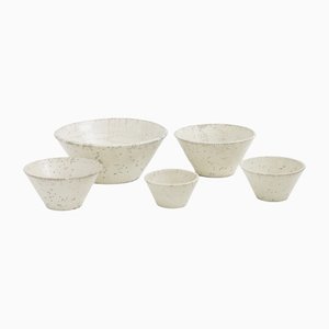 Japanese Minimalistic Crackle White Raku Ceramics Moon Bowls by Laab Milano, Set of 5