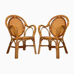 Wicker & Bamboo Armchairs, 1970s, Set of 2