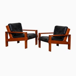 Cubist Lounge Chair in Teak and Black Leather by Esko Pajamies for Asko, 1960, Set of 2