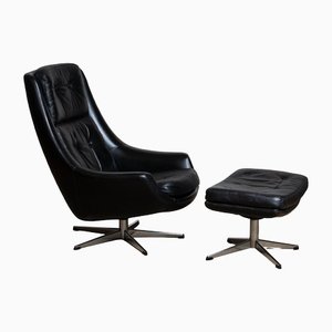 Swivel Chair in Black Leather with Matching Ottoman by H.W. Klein for Bramin, 1960s, Set of 2