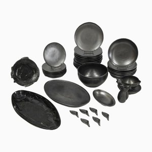 Table Service in Black Matte Faience from Ceramony Vallauris, Set of 38