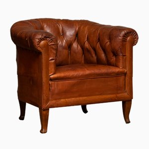 Antique Swedish Chesterfield Club Chair in Tufted Brown Leather