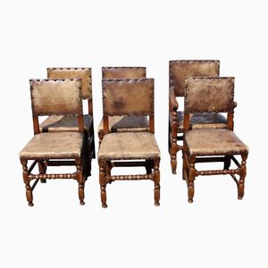 Oak & Leather Dining Chairs, 1920s, Set of 6