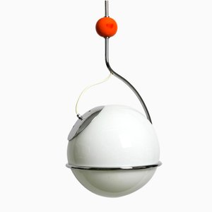 Large Italian Space Age Chromed Tubular Steel Pendant Lamp with a Large Glass Ball, 1960s