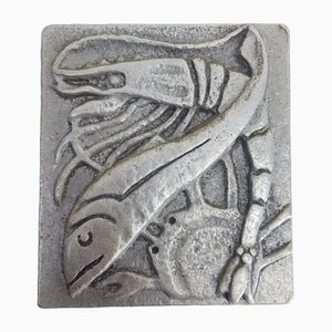 Vintage Aluminum Plaque With Seafood Motif by Willy Ceysens, 1960