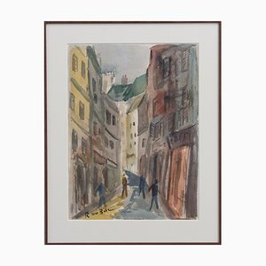 Roland Dubuc, Parisian Street Scene, 1970s, Watercolor on Paper, Framed