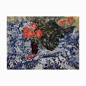 Maya Kopitzeva, Roses Rouges sur Nappe Bleue, 1970s, Huile sur Toile