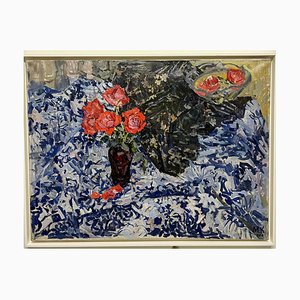 Maya Kopitzeva, Red Roses on Blue Tablecloth, 1970s, Oil on Canvas