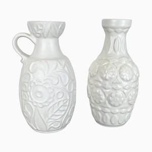 German White Floral Fat Lava Op Art Pottery Vase from BAY Ceramics, Set of 2