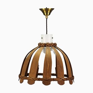 Mid-Century Wood and White Glass Pendant Lamp, 1970s