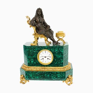 Horloge de Cheminée Antique en Malachite et Bronze, 19ème Siècle