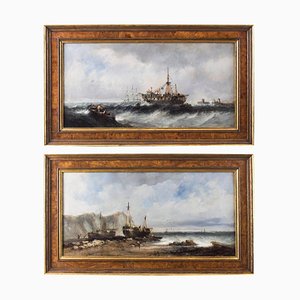 Fishing Boats, 19th-Century, Oil on Canvas, Framed, Set of 2
