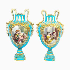 Antique 18th Century French Porcelain Blue Celeste Vases, Set of 2