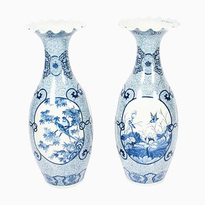 Antique Japanese Meiiji Imari Blue & White Arita Porcelain Temple Vases, Set of 2
