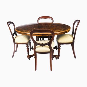Antique Victorian Burr Walnut Oval Loo Dining Table & Chairs, Set of 5