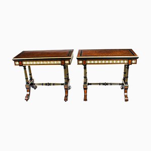 Antique 19th Century Amboyna Card Console Tables with Porcelain Plaques, Set of 2